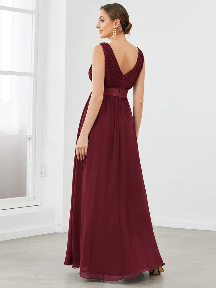 Wholesa Satin Waist Sleeveless Pleated A-Line Evening Dress