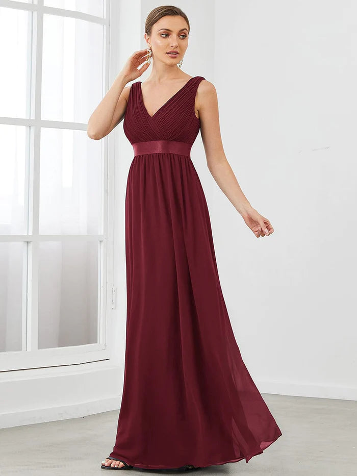 Wholesa Satin Waist Sleeveless Pleated A-Line Evening Dress