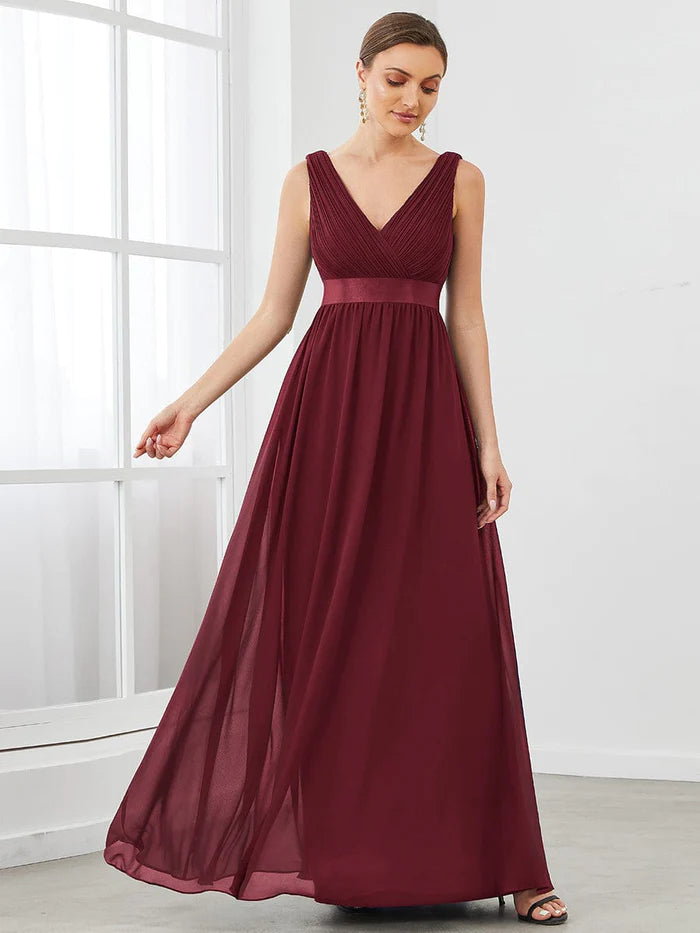 Wholesa Satin Waist Sleeveless Pleated A-Line Evening Dress