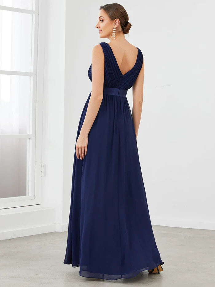 Wholesa Satin Waist Sleeveless Pleated A-Line Evening Dress