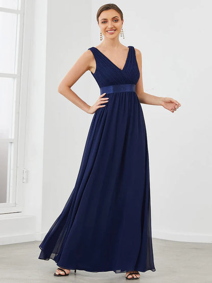 Wholesa Satin Waist Sleeveless Pleated A-Line Evening Dress