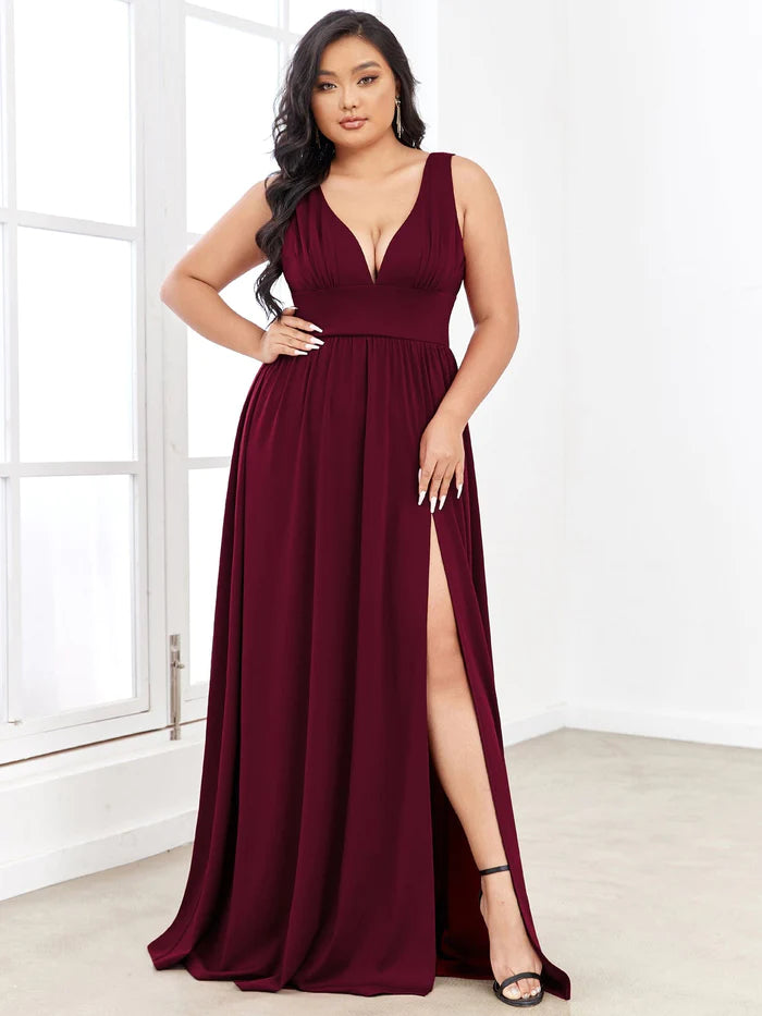 Wholesa Plus Size Chiffon Lace Print Sleeveless Empire Waist V-Neck Evening Dress