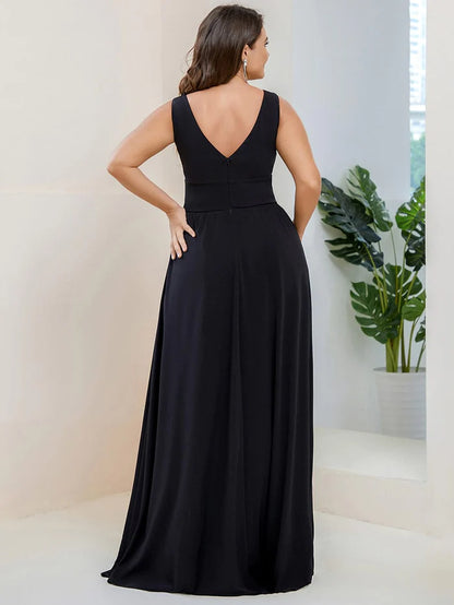 Wholesa Plus Size Chiffon Lace Print Sleeveless Empire Waist V-Neck Evening Dress