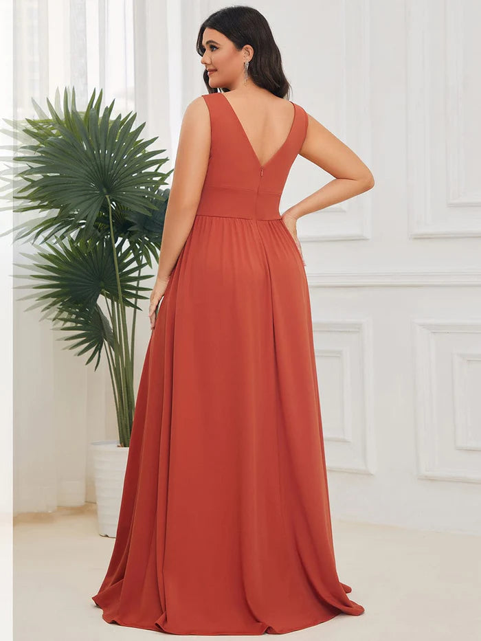 Wholesa Stunning V-Neck Empire Waist Floor-Length Evening Dress with High Slit