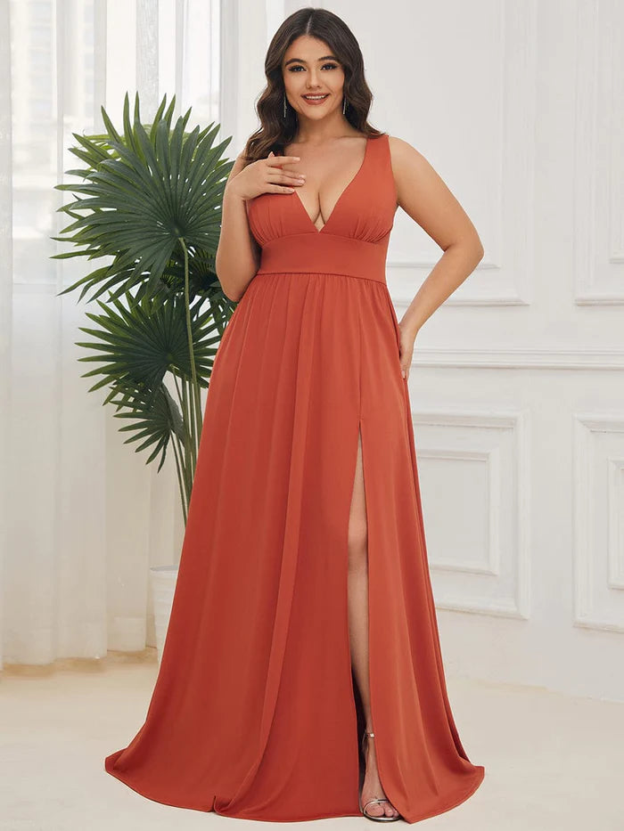 Wholesa Chiffon High Slit Sleeveless V-Neck Empire Waist Formal Evening Dress