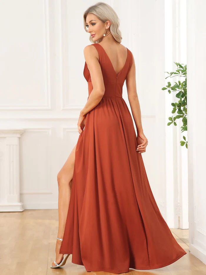 Wholesa Stunning V-Neck Empire Waist Floor-Length Evening Dress with High Slit