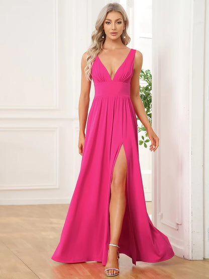 Wholesa Chiffon High Slit Sleeveless V-Neck Empire Waist Formal Evening Dress