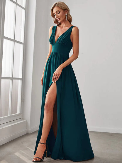 Wholesa Stunning V-Neck Empire Waist Floor-Length Evening Dress with High Slit