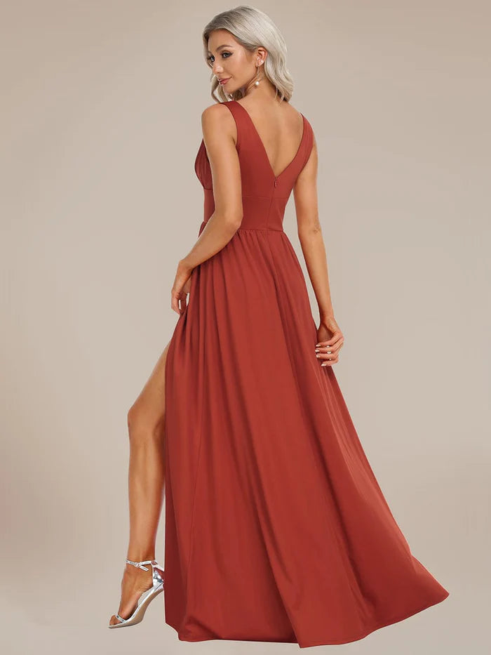 Wholesa Stunning V-Neck Empire Waist Floor-Length Evening Dress with High Slit