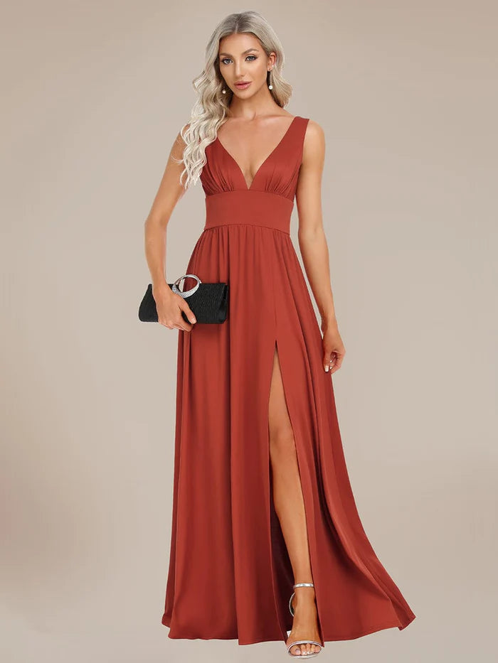 Wholesa Chiffon High Slit Sleeveless V-Neck Empire Waist Formal Evening Dress