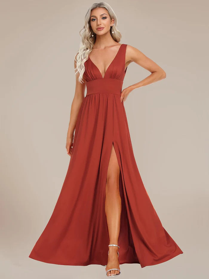 Wholesa Stunning V-Neck Empire Waist Floor-Length Evening Dress with High Slit