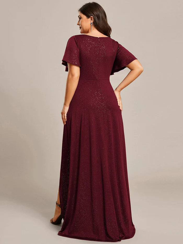 Wholesa Plus Size Glittering High-Low Evening Dress with Flutter Sleeves