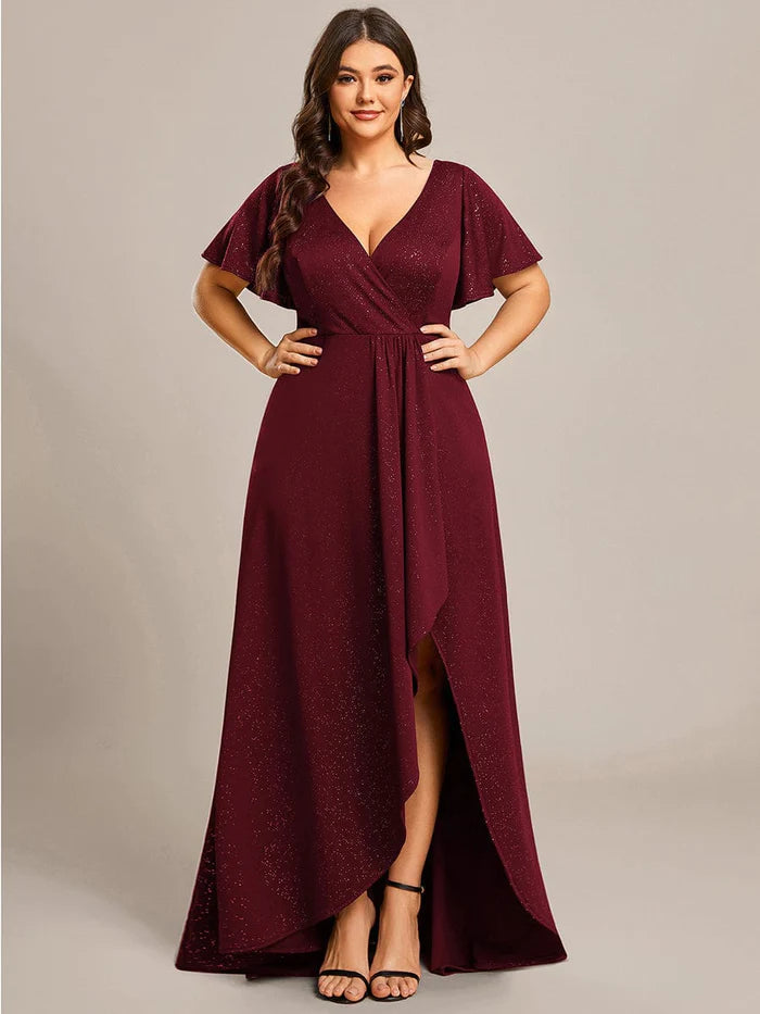 Wholesa Plus Size Glittering High-Low Evening Dress with Flutter Sleeves