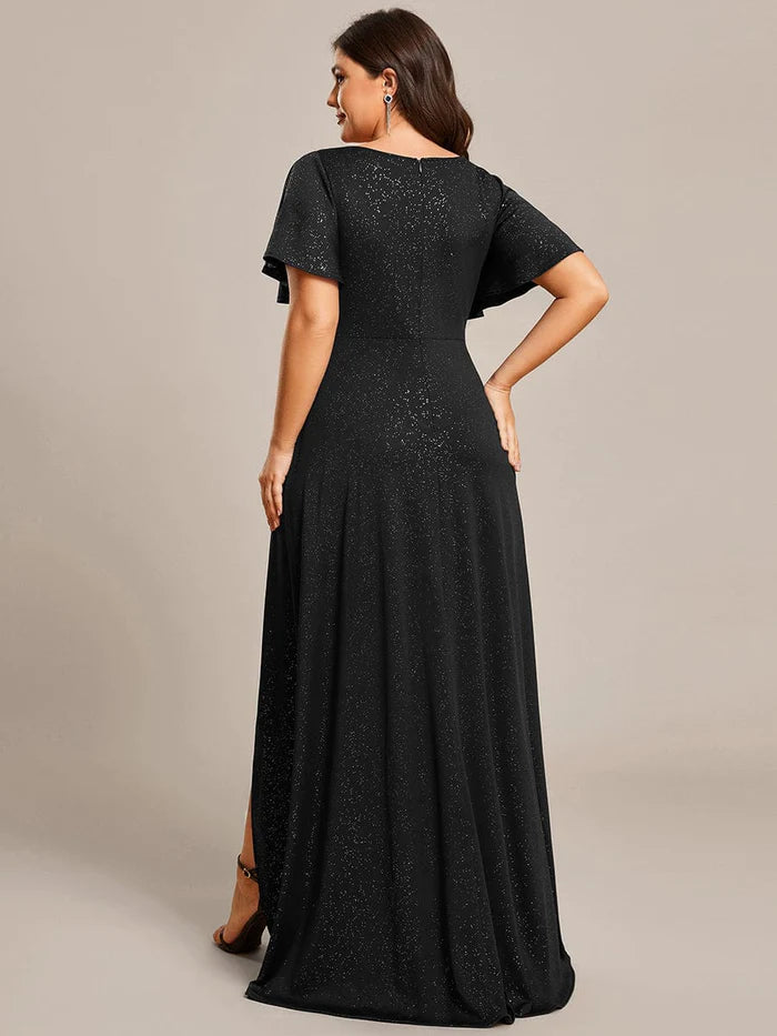 Wholesa Plus Size Glittering High-Low Evening Dress with Flutter Sleeves