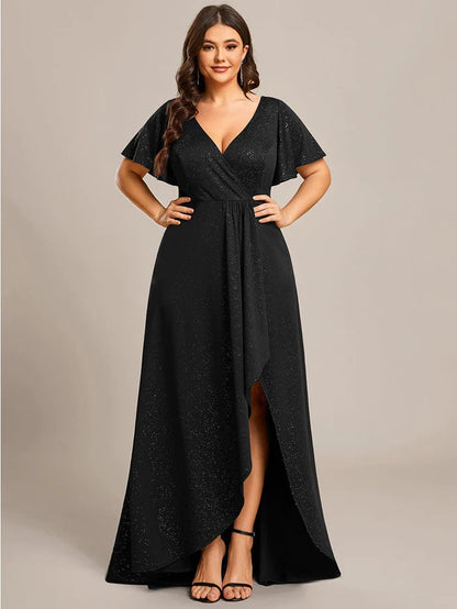 Wholesa Plus Size Glittering High-Low Evening Dress with Flutter Sleeves