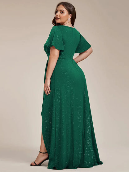 Wholesa Plus Size Glittering High-Low Evening Dress with Flutter Sleeves