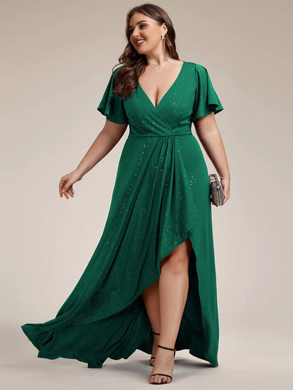 Wholesa Plus Size Glittering High-Low Evening Dress with Flutter Sleeves