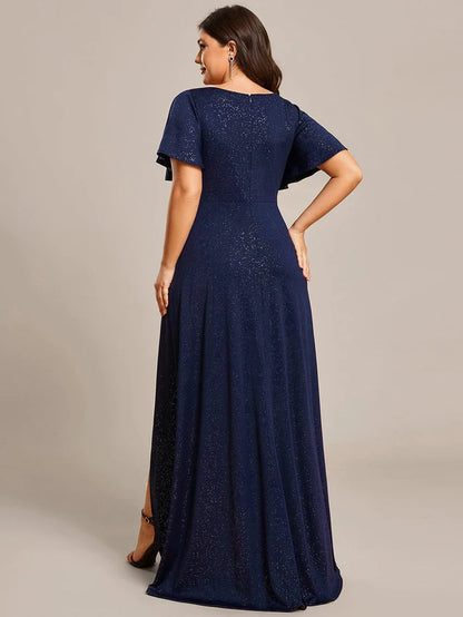 Wholesa Plus Size Glittering High-Low Evening Dress with Flutter Sleeves