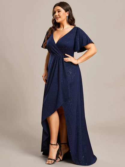 Wholesa Plus Size Glittering High-Low Evening Dress with Flutter Sleeves