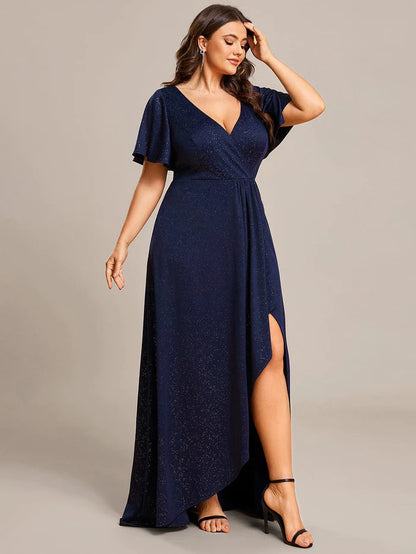 Wholesa Plus Size Glittering High-Low Evening Dress with Flutter Sleeves