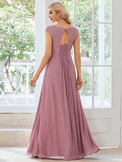 Wholesa Lace Chiffon Long Bridesmaid Dress with Open Back