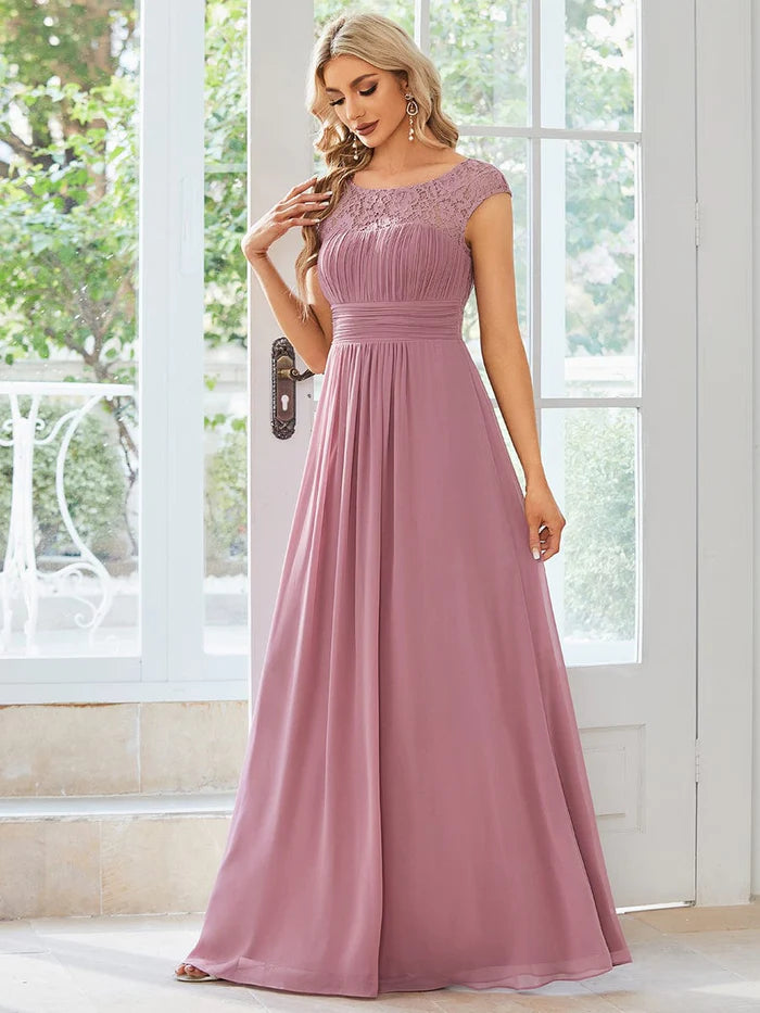 Wholesa Lace Chiffon Long Bridesmaid Dress with Open Back