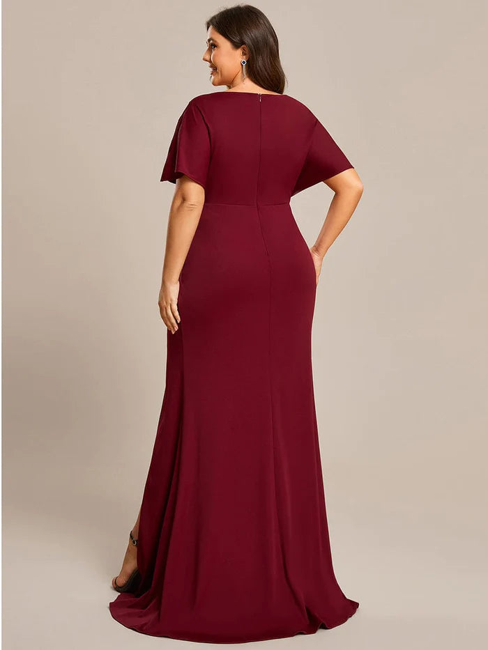 Wholesa Plus Size Sequin Sleeve High Split Evening Dress with Pleated