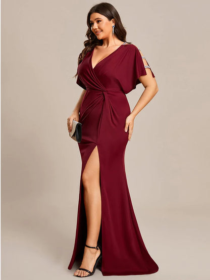 Wholesa Plus Size Sequin Sleeve High Split Evening Dress with Pleated