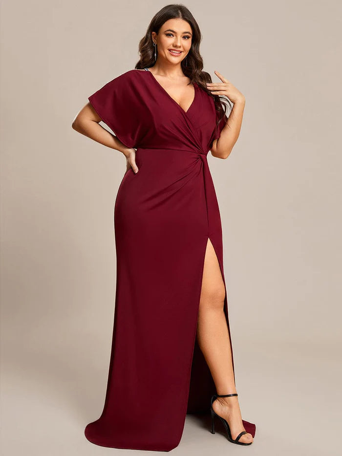 Wholesa Plus Size Sequin Sleeve High Split Evening Dress with Pleated