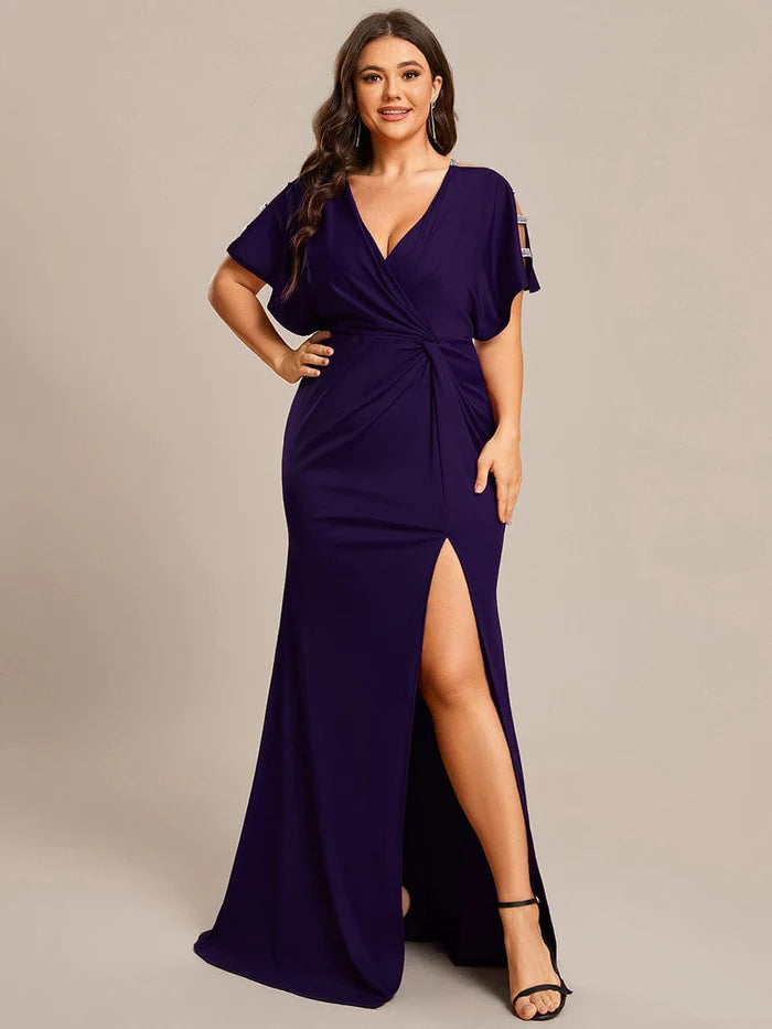 Wholesa Plus Size Sequin Sleeve High Split Evening Dress with Pleated