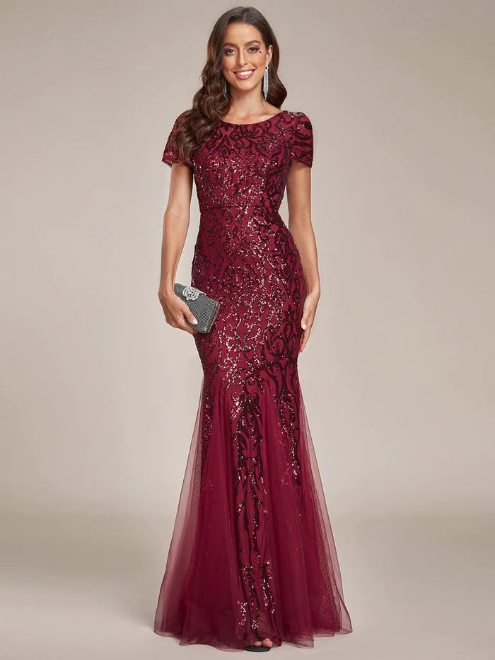 Wholesa Sequin Bodycon Round Neckline Mermaid Evening Dress