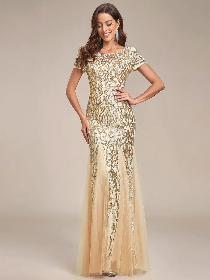 Wholesa Sequin Bodycon Round Neckline Mermaid Evening Dress