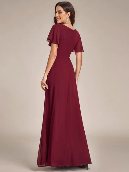 Wholesa Ruffles Sleeve High Split Chiffon Evening Dress