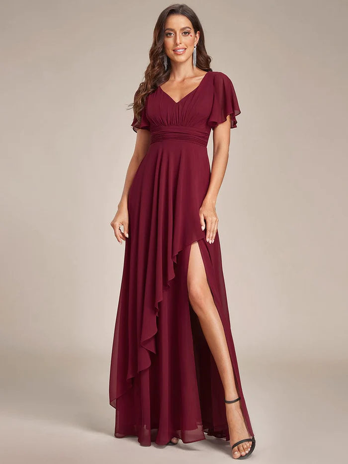 Wholesa Ruffles Sleeve High Split Chiffon Evening Dress