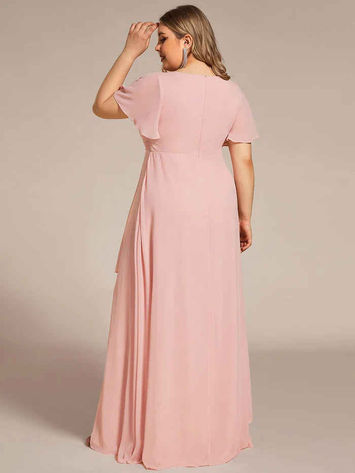 Wholesa Ruffles Sleeve High Split Chiffon Evening Dress