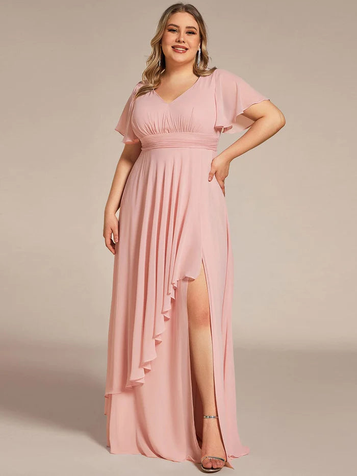 Wholesa Ruffles Sleeve High Split Chiffon Evening Dress