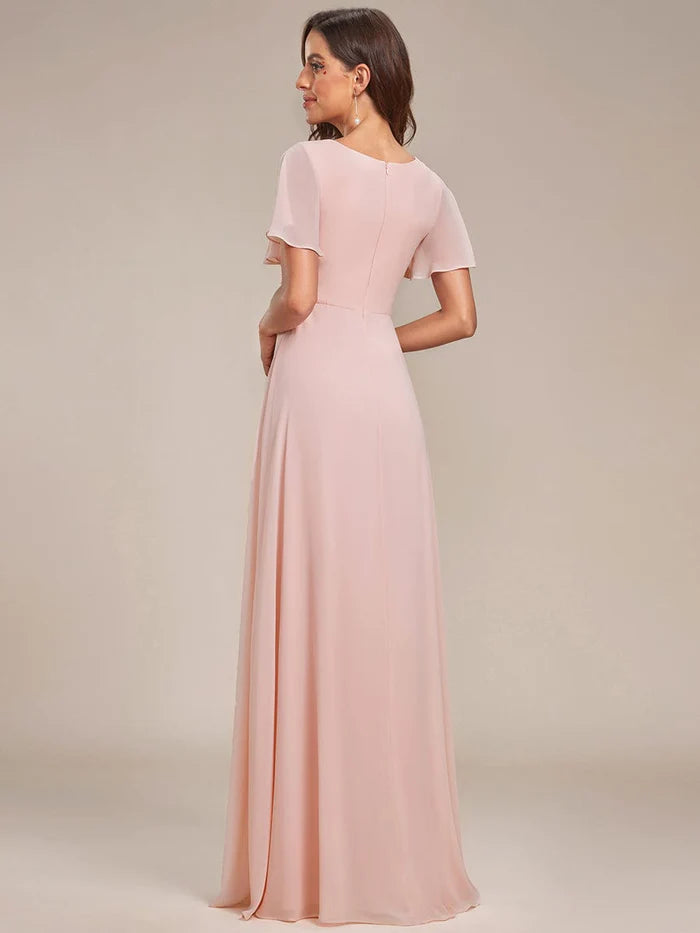 Wholesa Ruffles Sleeve High Split Chiffon Evening Dress