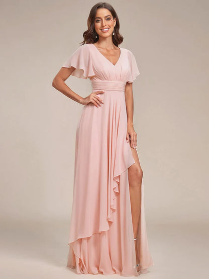 Wholesa Ruffles Sleeve High Split Chiffon Evening Dress