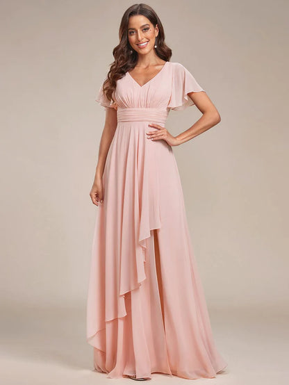 Wholesa Ruffles Sleeve High Split Chiffon Evening Dress