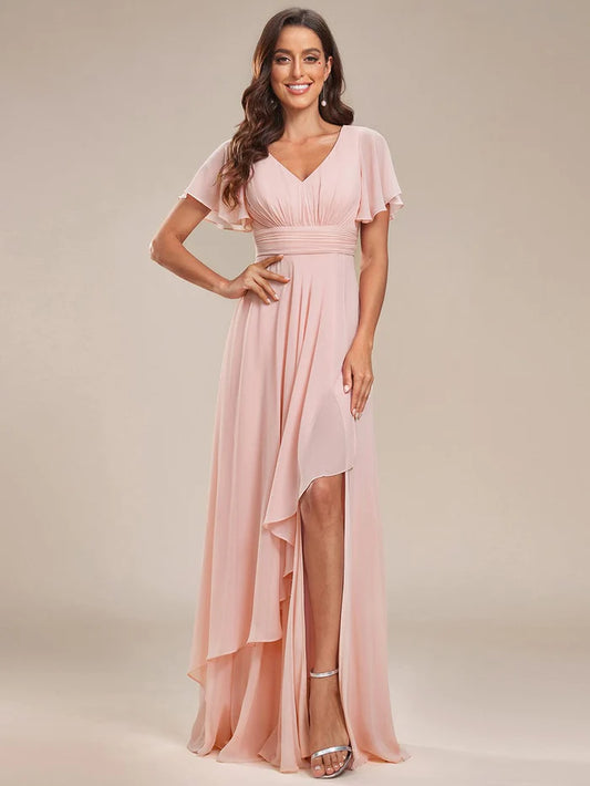 Wholesa Ruffles Sleeve High Split Chiffon Evening Dress