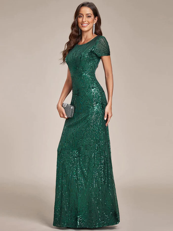 Wholesa Sparkling Sequins Short-Sleeves Backless Bodycon Evening Dress