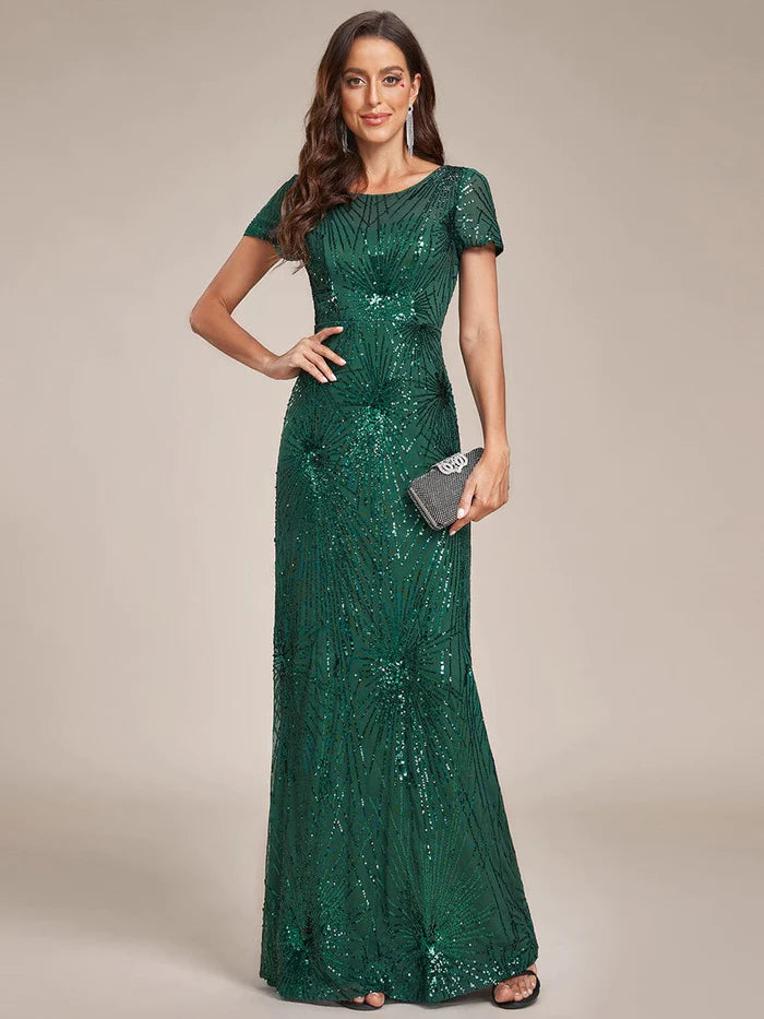 Wholesa Sparkling Sequins Short-Sleeves Backless Bodycon Evening Dress