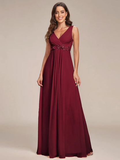 Wholesa V-Neck Sleeveless A-Line Evening Dress with Appliques