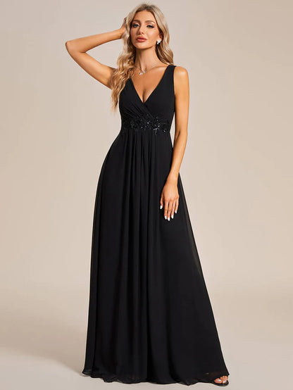 Wholesa V-Neck Sleeveless A-Line Evening Dress with Appliques