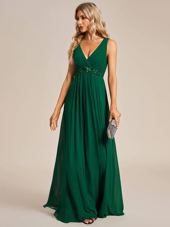 Wholesa V-Neck Sleeveless A-Line Evening Dress with Appliques