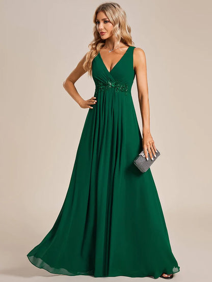 Wholesa V-Neck Sleeveless A-Line Evening Dress with Appliques