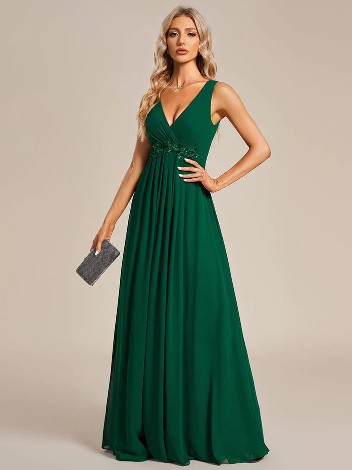 Wholesa V-Neck Sleeveless A-Line Evening Dress with Appliques