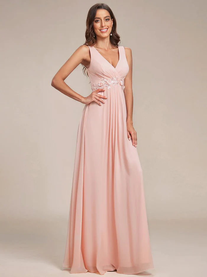 Wholesa V-Neck Sleeveless A-Line Evening Dress with Appliques