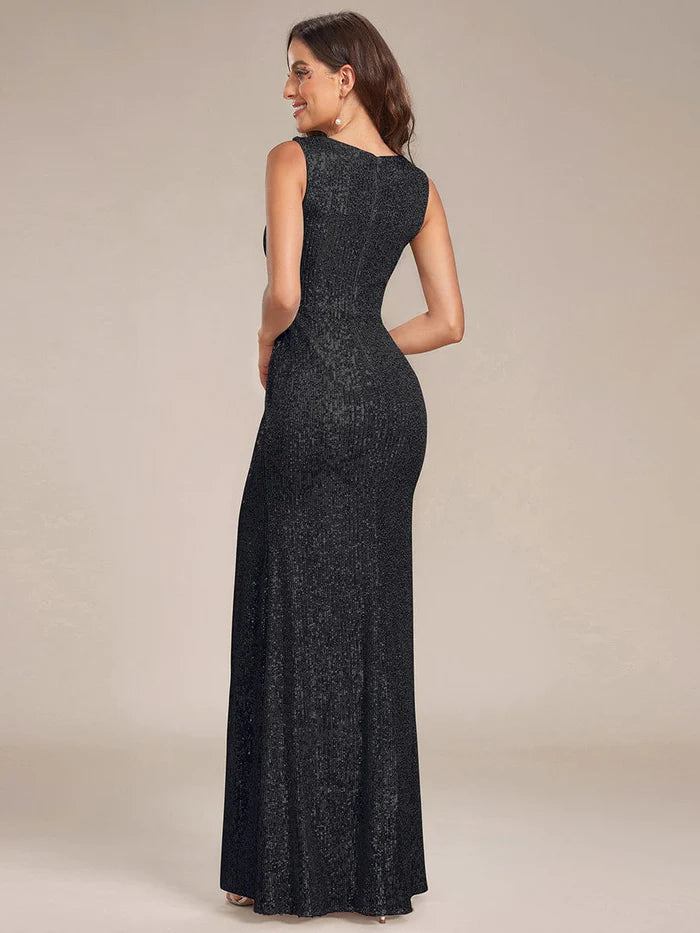 Wholesa Shiny Sleeveless Sequin Deep V-Neck High Split Evening Dress