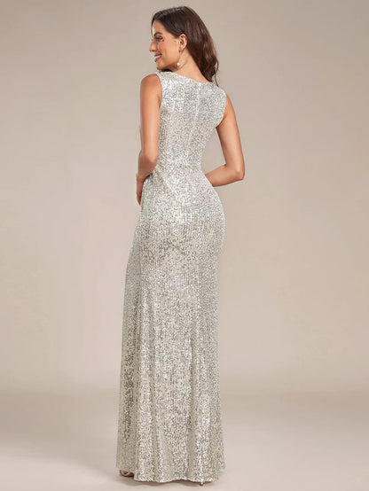 Wholesa Shiny Sleeveless Sequin Deep V-Neck High Split Evening Dress